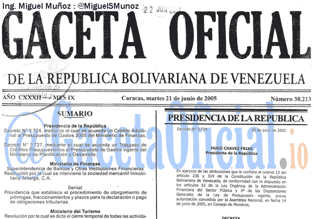 Gaceta Oficial 38213 del 21 Junio 2005
