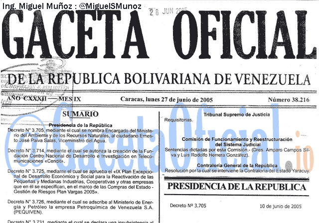 Gaceta Oficial 38216 del 27 Junio 2005