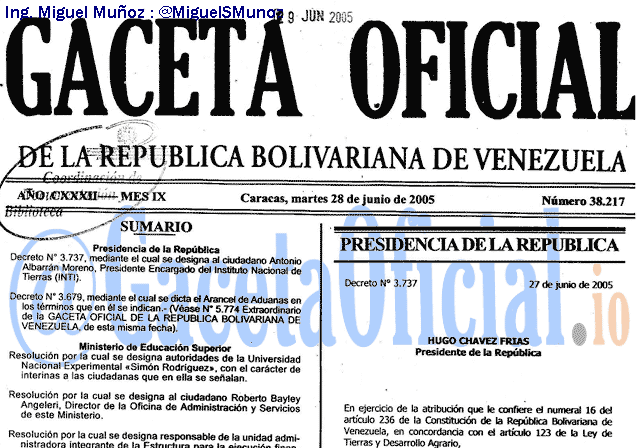 Gaceta Oficial 38217 del 28 Junio 2005