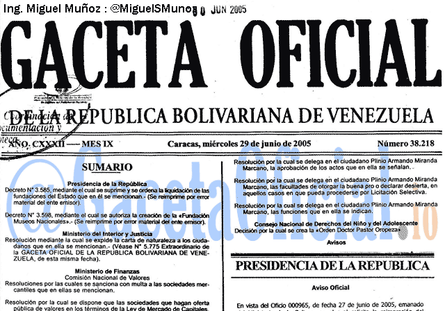 Gaceta Oficial 38218 del 29 Junio 2005