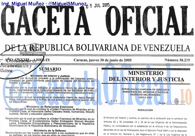 Gaceta Oficial 38219 del 30 Junio 2005