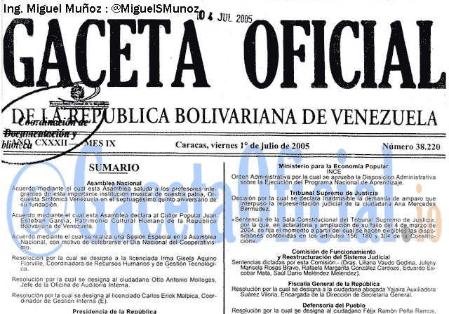 Gaceta Oficial 38220 del 1 Julio 2005