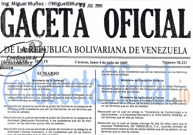 Gaceta Oficial 38221 del 4 Julio 2005