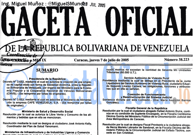 Gaceta Oficial 38223 del 7 Julio 2005