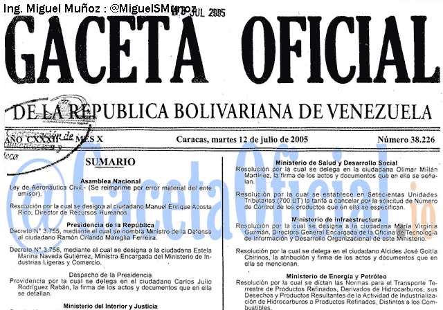 Gaceta Oficial 38226 del 12 Julio 2005