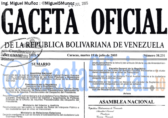 Gaceta Oficial 38231 del 19 Julio 2005