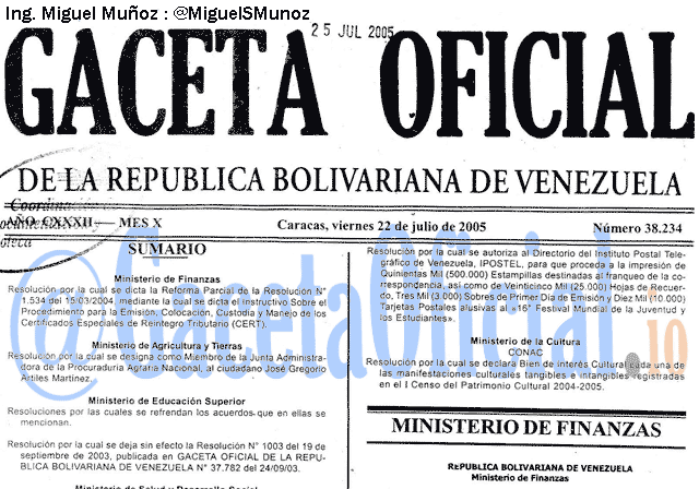 Gaceta Oficial 38234 del 22 Julio 2005