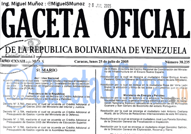 Gaceta Oficial 38235 del 25 Julio 2005