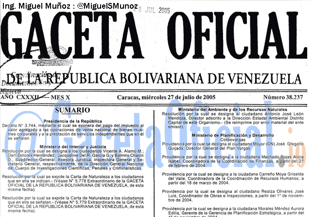 Gaceta Oficial 38237 del 27 Julio 2005