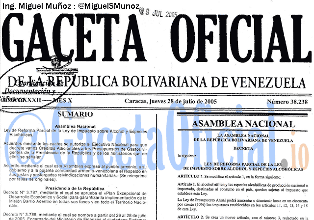 Gaceta Oficial 38238 del 28 Julio 2005