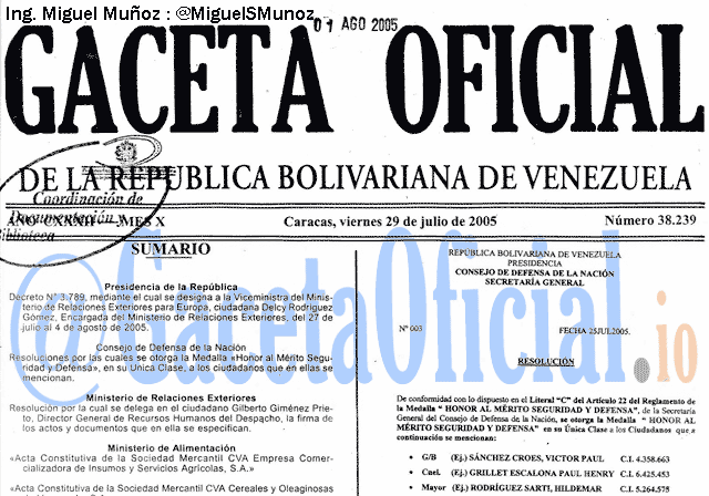 Gaceta Oficial 38239 del 29 Julio 2005