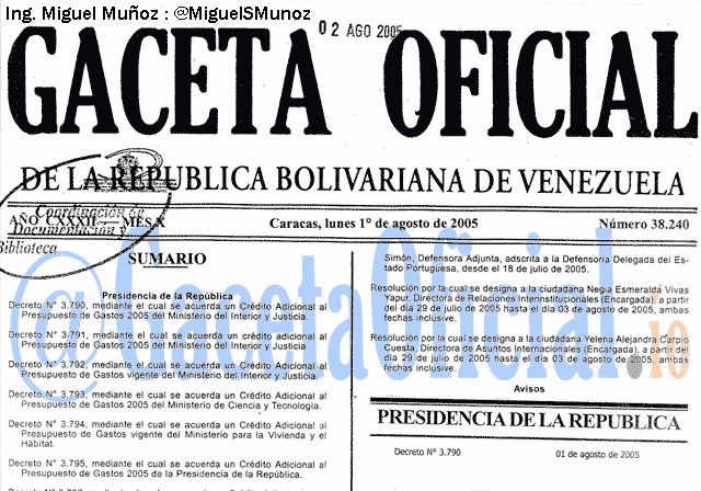 Gaceta Oficial 38240 del 1 Agosto 2005