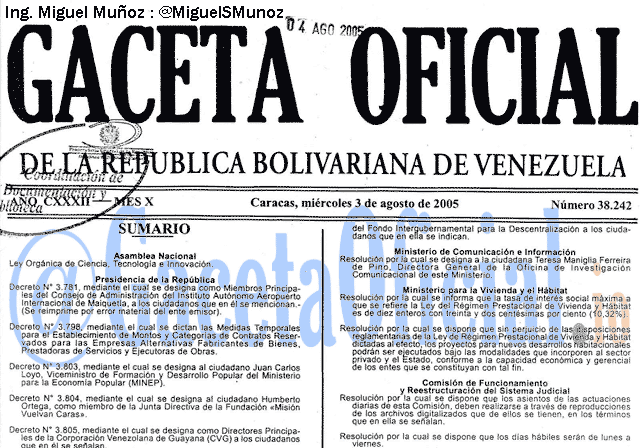 Gaceta Oficial 38242 del 3 Agosto 2005