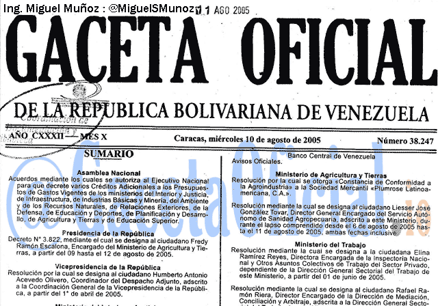 Gaceta Oficial 38247 del 10 Agosto 2005