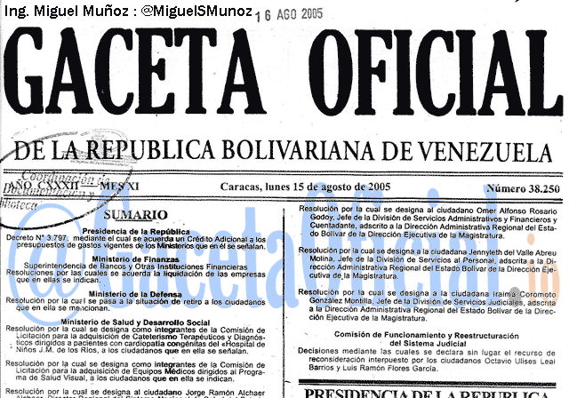 Gaceta Oficial 38250 del 15 Agosto 2005