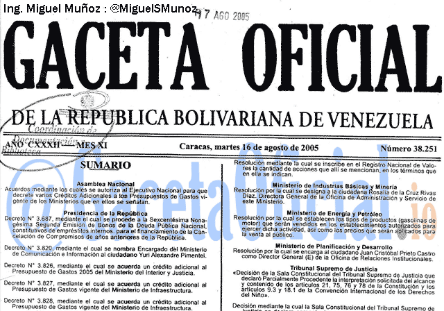 Gaceta Oficial 38251 del 16 Agosto 2005