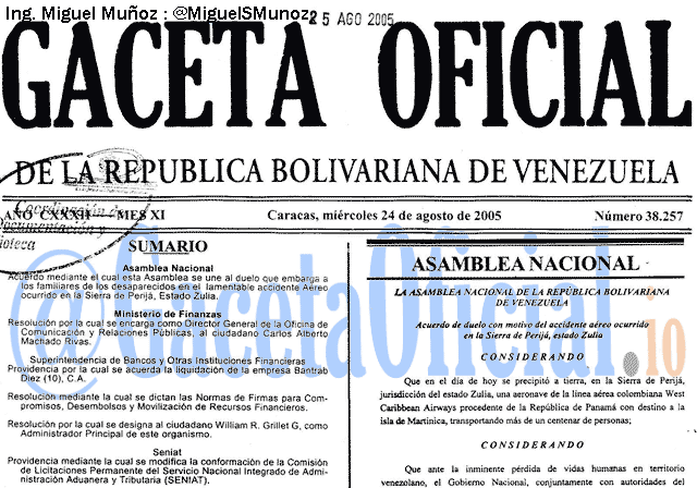 Gaceta Oficial 38257 del 24 Agosto 2005