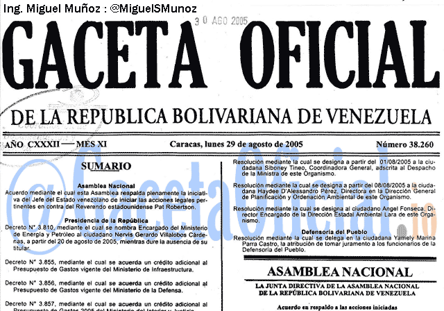 Gaceta Oficial 38260 del 29 Agosto 2005