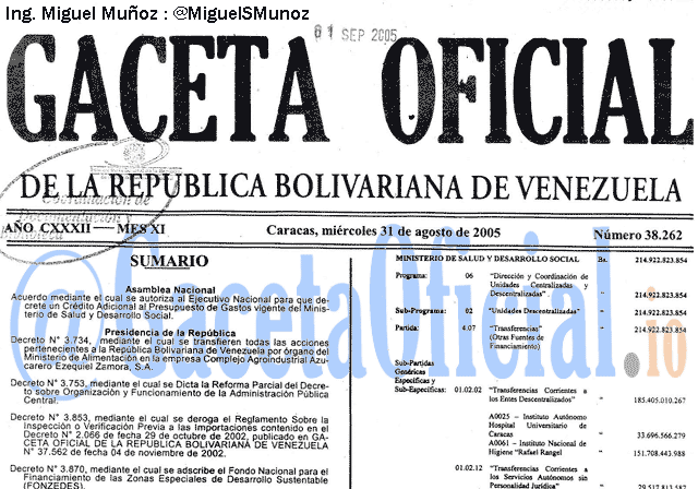 Gaceta Oficial 38262 del 31 Agosto 2005