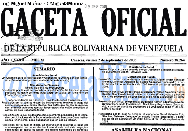 Gaceta Oficial 38264 del 2 Septiembre 2005