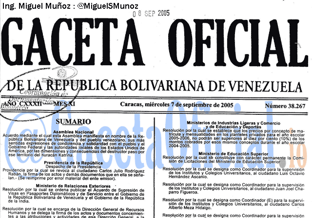 Gaceta Oficial 38267 del 7 Septiembre 2005