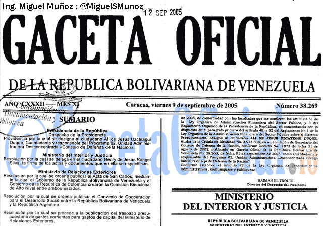 Gaceta Oficial 38269 del 9 Septiembre 2005