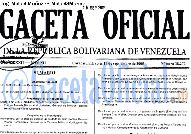Gaceta Oficial 38272 del 14 Septiembre 2005