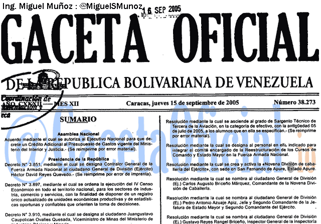 Gaceta Oficial 38273 del 15 Septiembre 2005