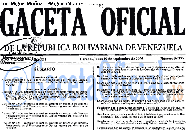 Gaceta Oficial 38275 del 19 Septiembre 2005