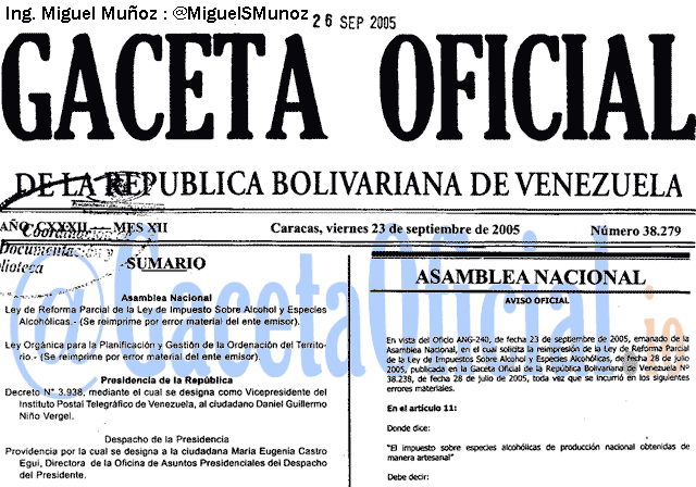 Gaceta Oficial 38279 del 23 Septiembre 2005
