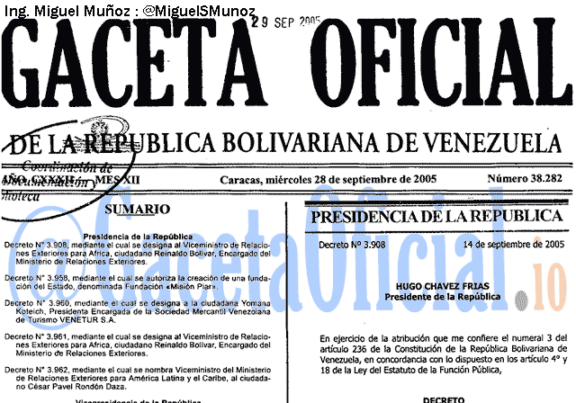 Gaceta Oficial 38282 del 28 Septiembre 2005
