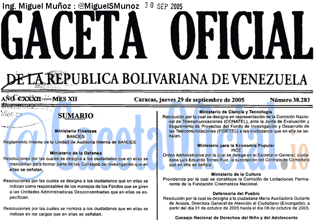 Gaceta Oficial 38283 del 29 Septiembre 2005