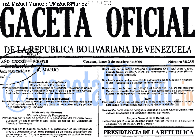 Gaceta Oficial 38285 del 3 Octubre 2005