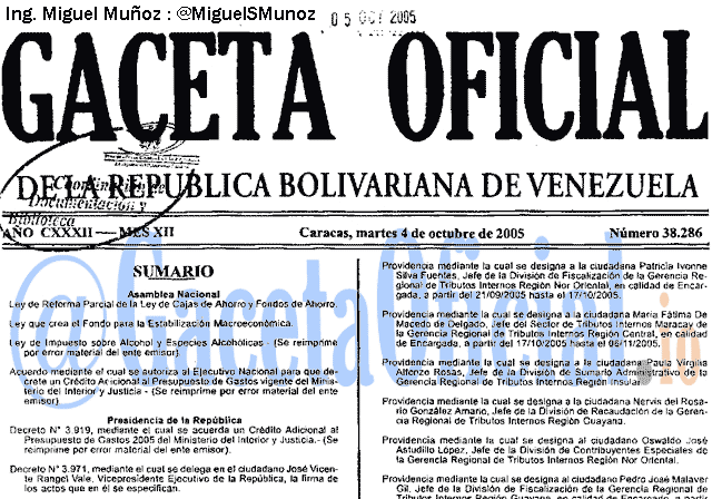 Gaceta Oficial 38286 del 4 Octubre 2005