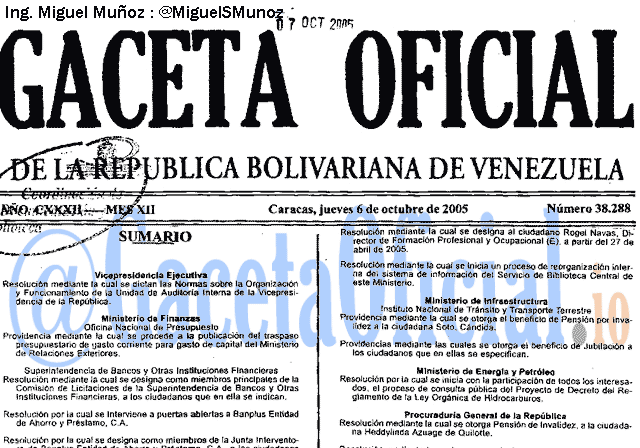 Gaceta Oficial 38288 del 6 Octubre 2005