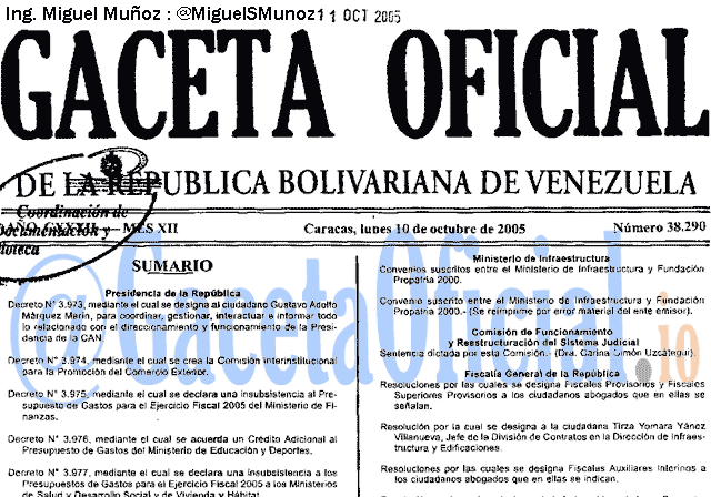 Gaceta Oficial 38290 del 10 Octubre 2005