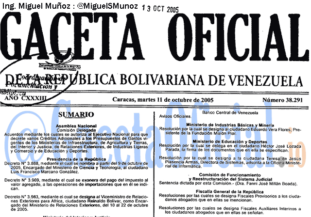 Gaceta Oficial 38291 del 11 Octubre 2005
