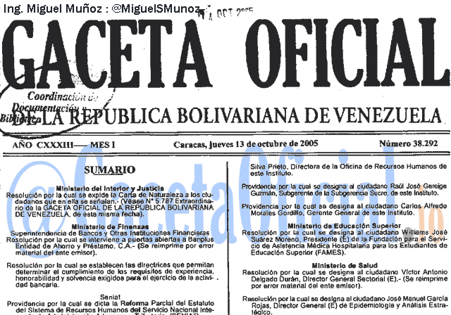 Gaceta Oficial 38292 del 13 Octubre 2005