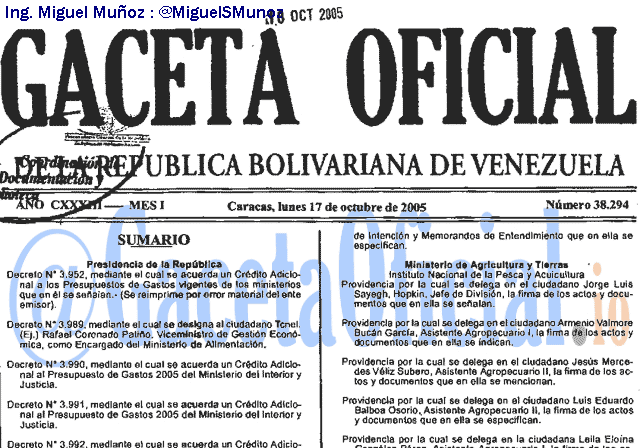 Gaceta Oficial 38294 del 17 Octubre 2005