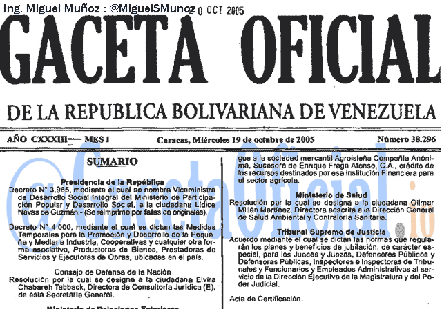 Gaceta Oficial 38296 del 19 Octubre 2005