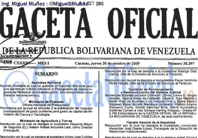 Gaceta Oficial 38297 del 20 Octubre 2005