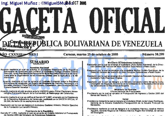 Gaceta Oficial 38299 del 25 Octubre 2005