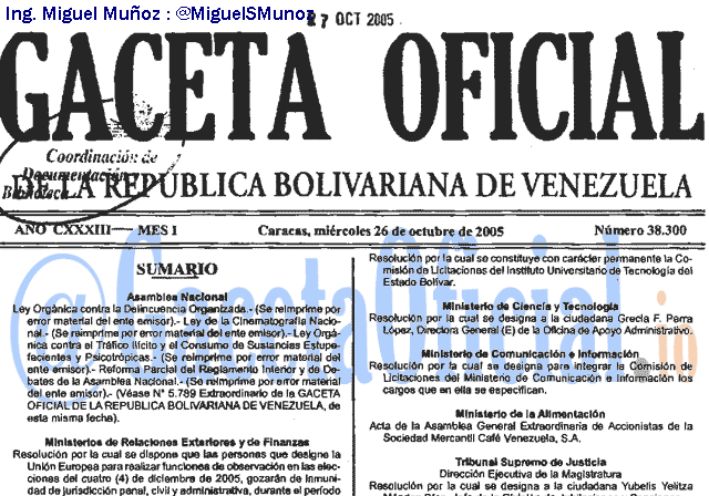Gaceta Oficial 38300 del 26 Octubre 2005