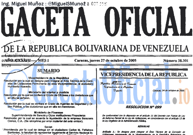 Gaceta Oficial 38301 del 27 Octubre 2005