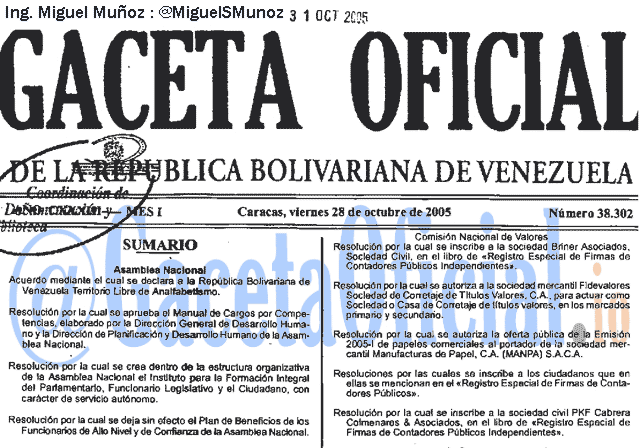Gaceta Oficial 38302 del 28 Octubre 2005