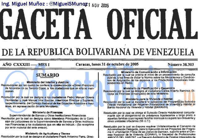 Gaceta Oficial 38303 del 31 Octubre 2005