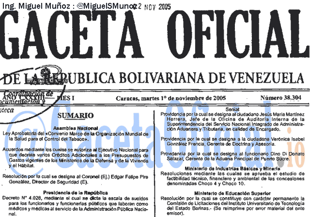 Gaceta Oficial 38304 del 1 Noviembre 2005