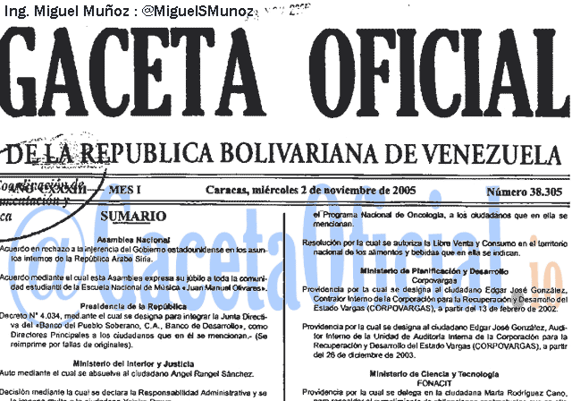 Gaceta Oficial 38305 del 2 Noviembre 2005
