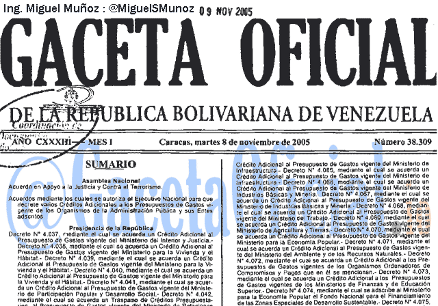 Gaceta Oficial 38309 del 8 Noviembre 2005