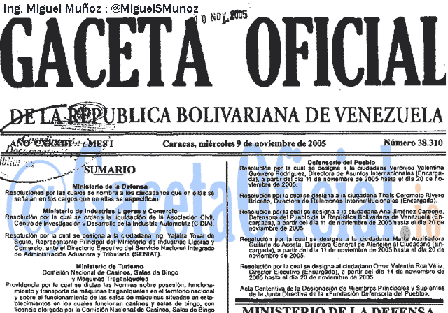 Gaceta Oficial 38310 del 9 Noviembre 2005